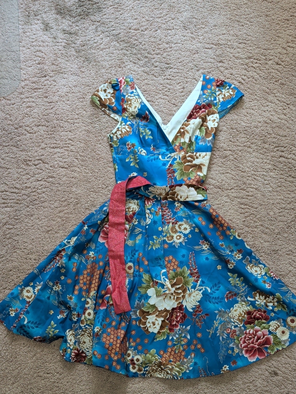 Blue Floral Fit-and-Flare Dress with Double Sided Sash